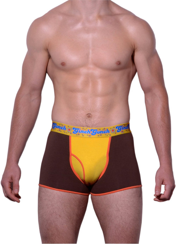 GG Ginch Gonch Lemon Heads men's underwear y front boxer brief trunk with yellow and brown panels, orange trim, and a printed yellow waistband. front.