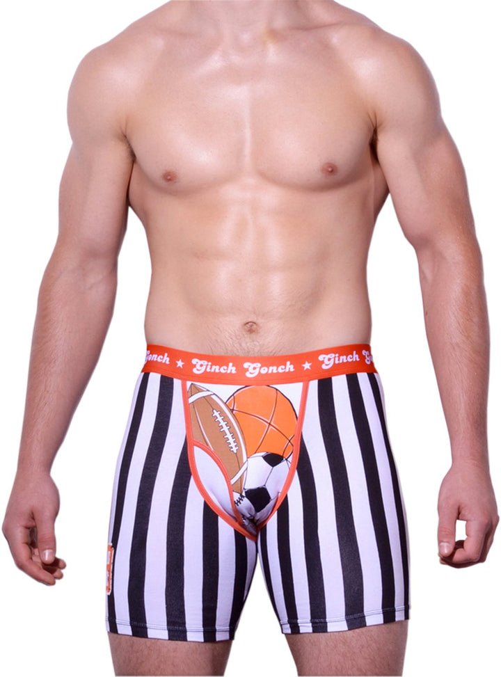 GG Ginch Gonch Score trunk y front boxer brief - men's underwear black and white vertical striped fabric with football, basketball, and soccer ball detailing, with orange printed waistband front