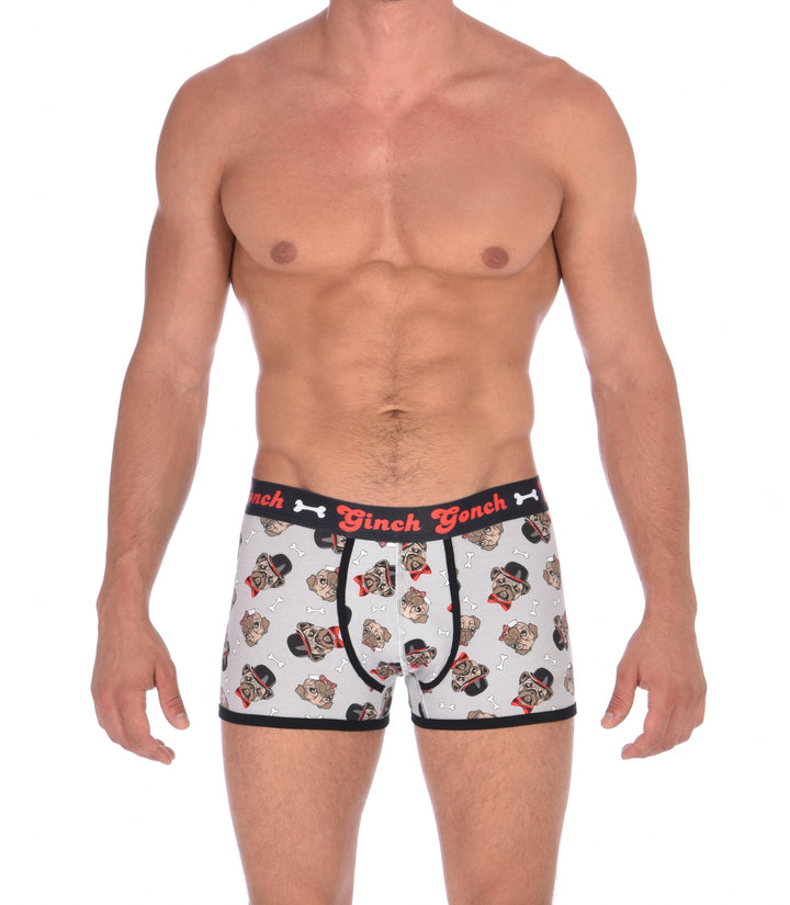 GG Ginch Gonch Pug Life Boxer Brief trunk - Men's Underwear grey background with pugs with top hats and bow ties and bones. Black trim with black printed waistband front.