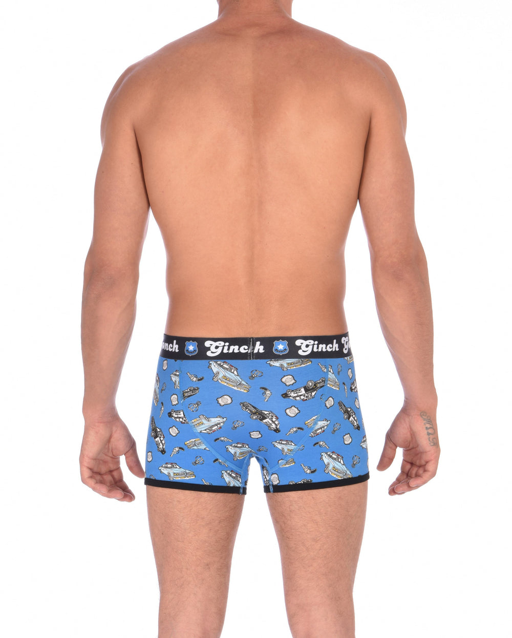 Ginch GonchGG Patrol Boxer Brief trunk men's underwear blue fabric with cop cars, badges, hand cuffs, and guns. Black trim and black printed waistband back