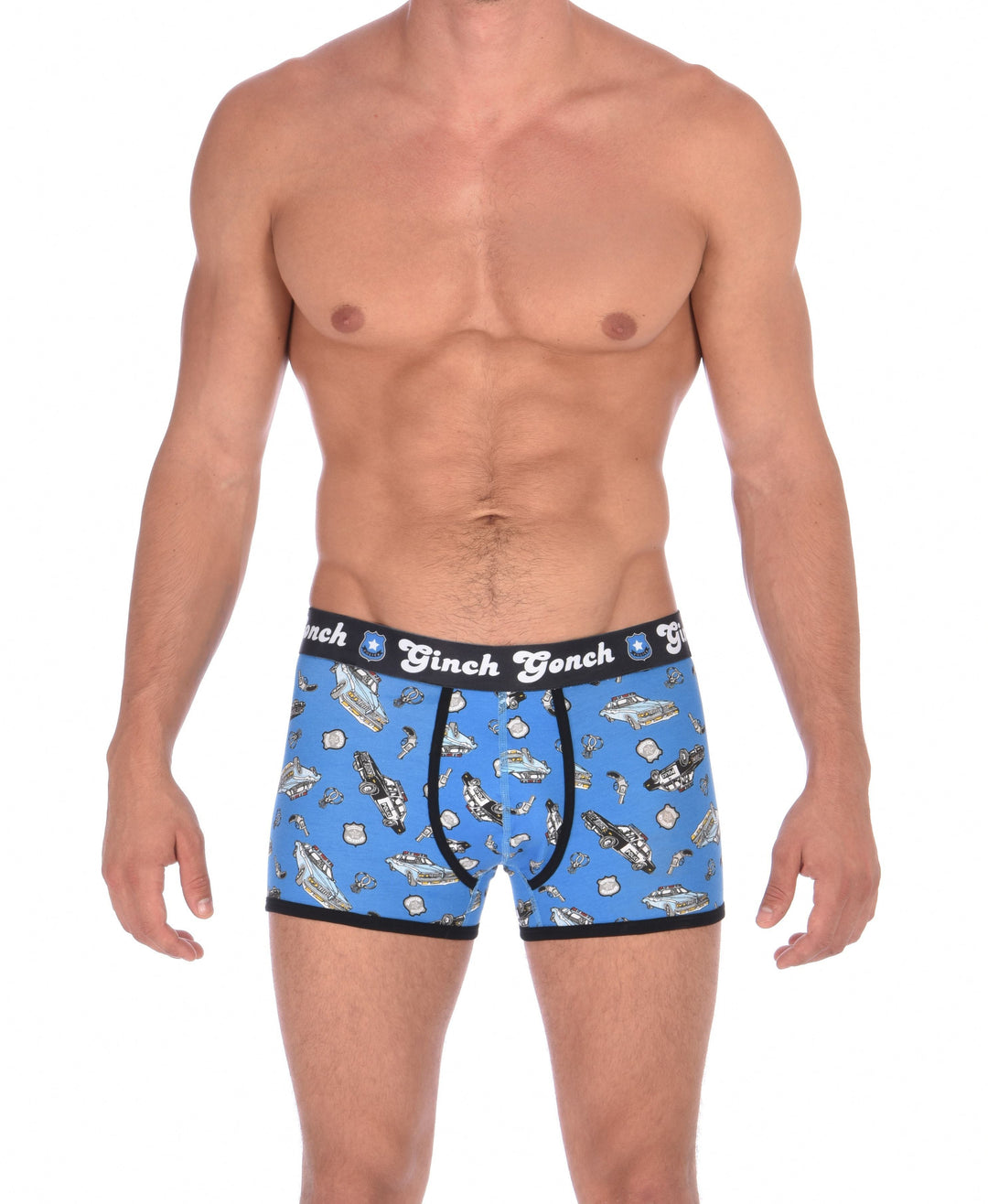 Ginch GonchGG Patrol Boxer Brief trunk men's underwear blue fabric with cop cars, badges, hand cuffs, and guns. Black trim and black printed waistband front.