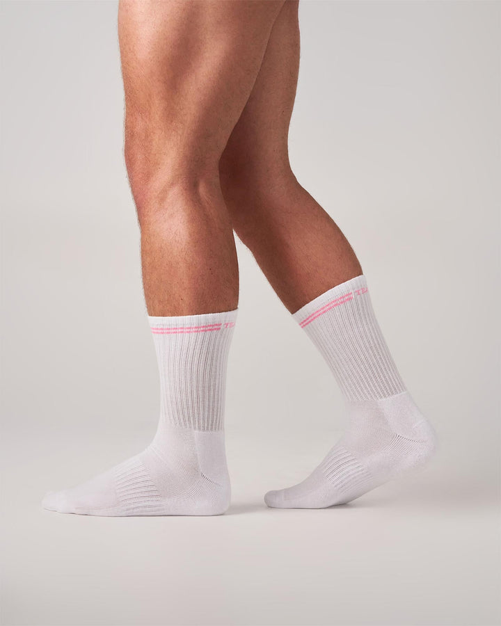 TEAMM8 Classic Crew Socks - White/Pink Cotton Blend Sport Socks