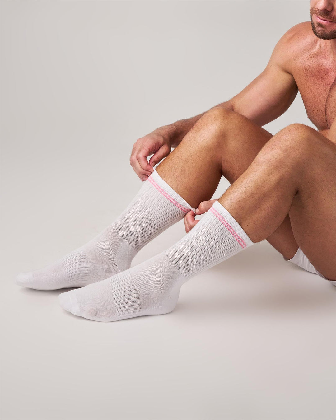 TEAMM8 Classic Crew Socks - White/Pink Cotton Blend Sport Socks