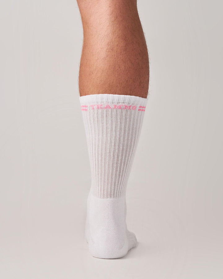 TEAMM8 Classic Crew Socks - White/Pink Cotton Blend Sport Socks