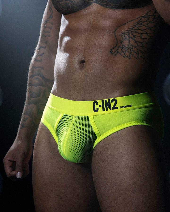 C-IN2 Super Bright Low Rise Brief in neon yellow – men's neon halftone low rise brief
