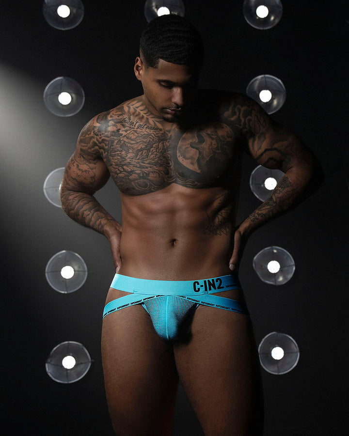 C-IN2 Super Bright Jock in neon blue – men's neon halftone athletic jockstrap