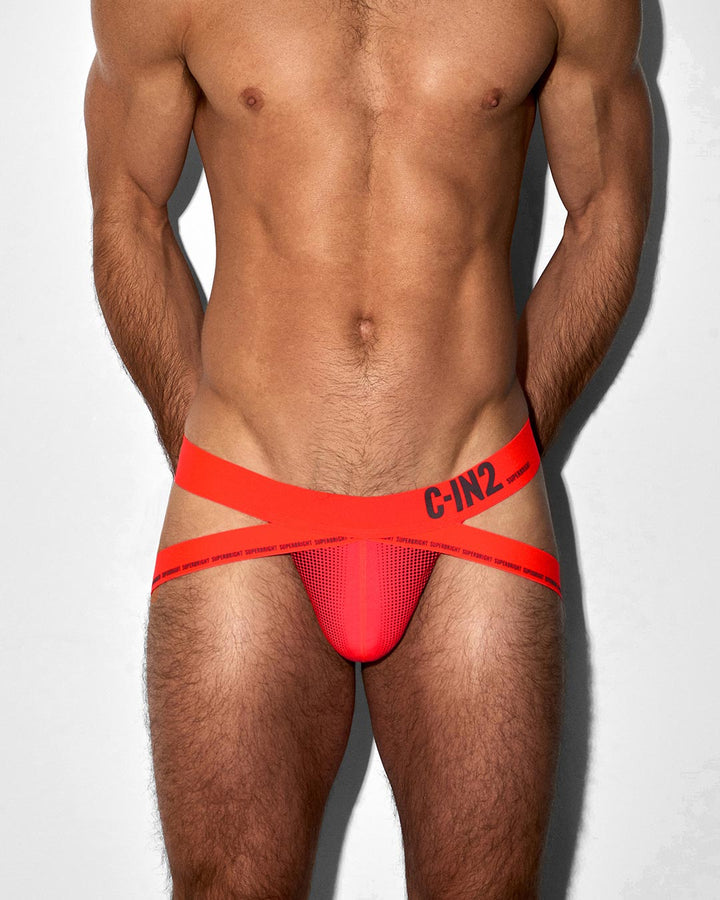 C-IN2 Super Bright Jock in neon red – men's neon halftone athletic jockstrap
