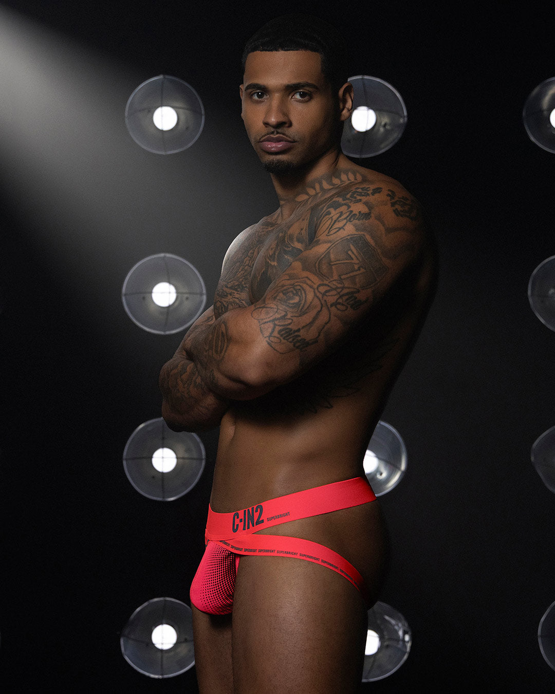 C-IN2 Super Bright Jock in neon red – men's neon halftone athletic jockstrap