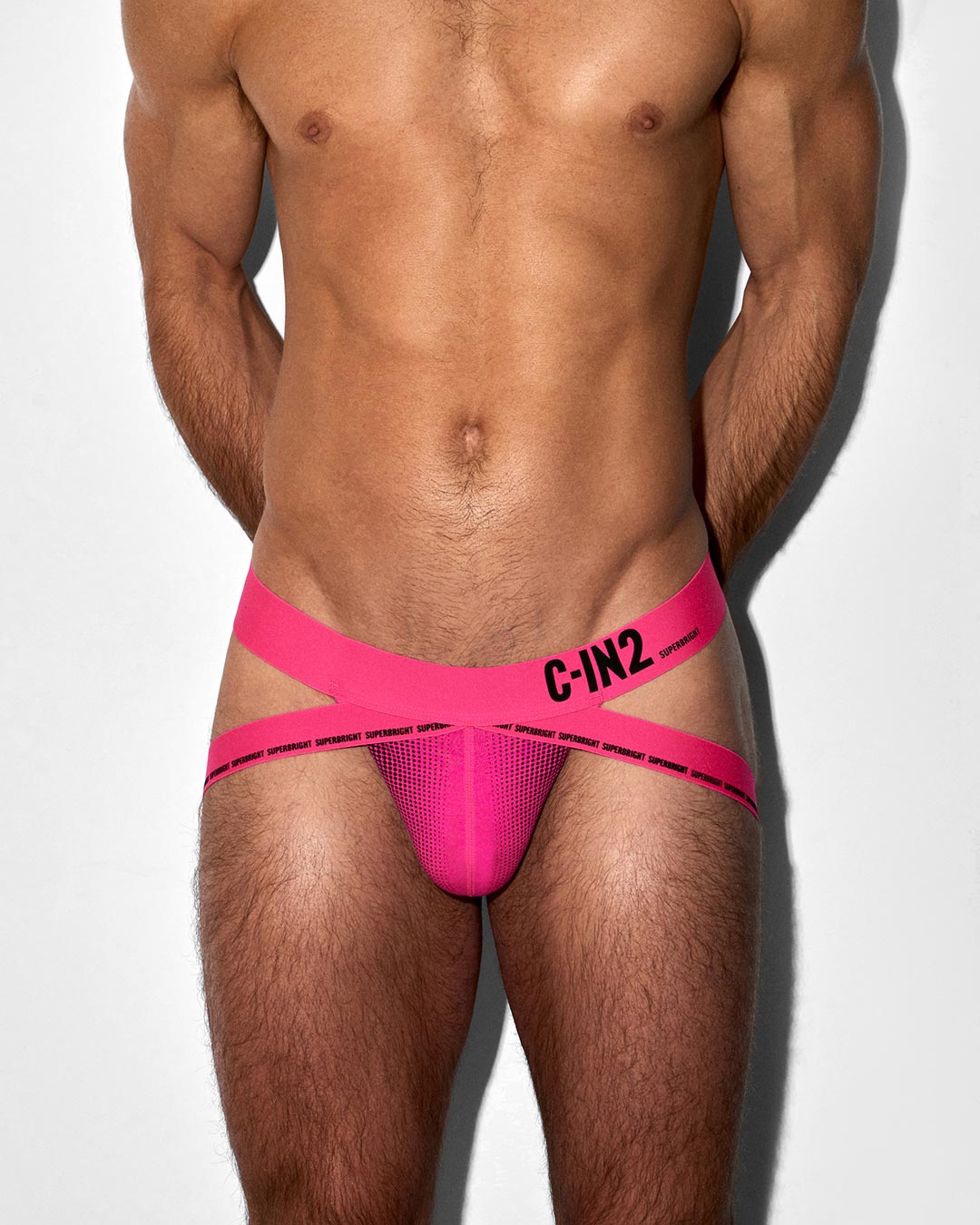 C-IN2 Super Bright Jock in neon pink – men's neon halftone athletic jockstrap