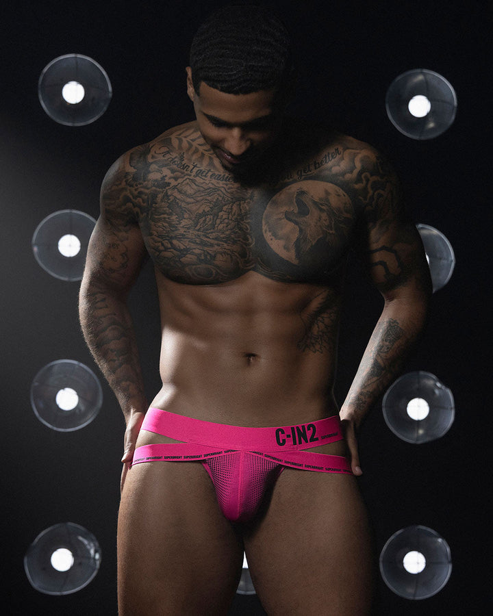 C-IN2 Super Bright Jock in neon pink – men's neon halftone athletic jockstrap