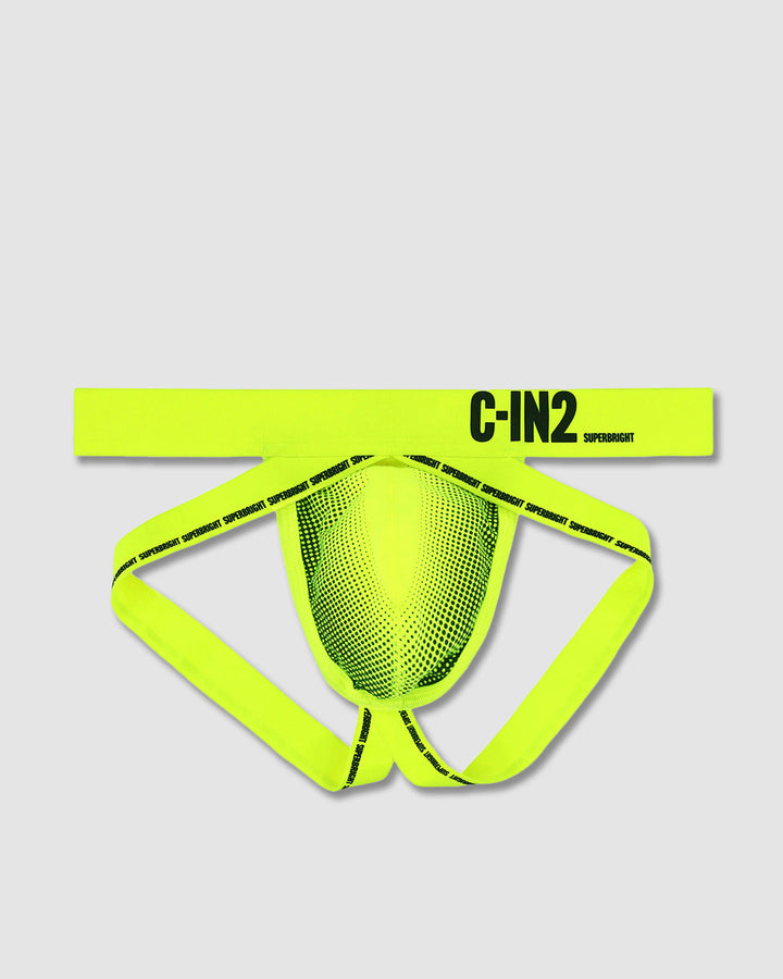 C-IN2 Super Bright Jock in neon yellow – men's neon halftone athletic jockstrap
