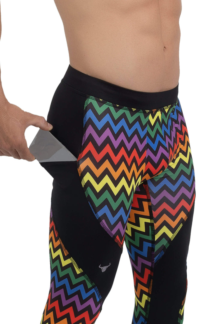 Matador Meggings "Pride Zigzag" Men’s Compression Tights – Vibrant Rainbow Pattern Performance Leggings for Gym, Festivals & Pride Events