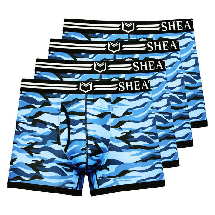 SHEATH 2.1 Polyester Camo Men's Dual Pouch Trunk 3 inch 4-Pack – men's camo trunk 4-pack