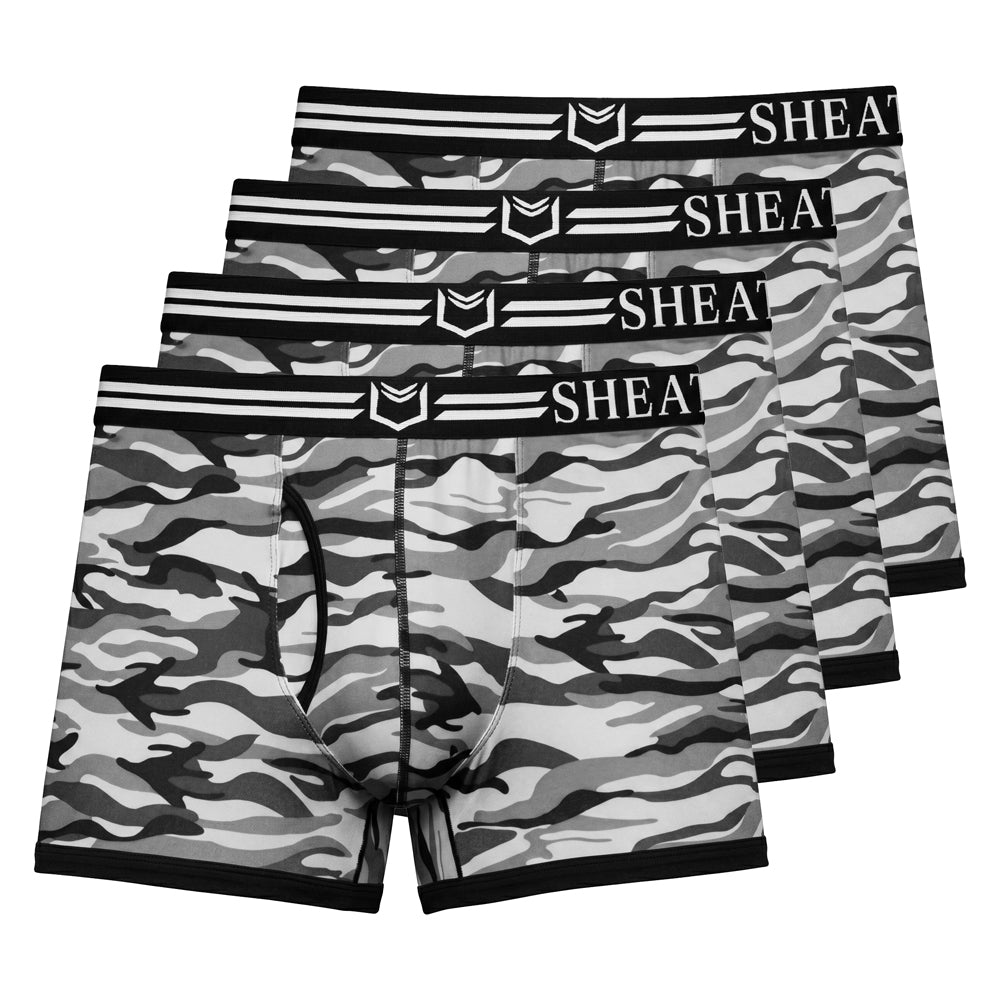 SHEATH 2.1 Polyester Camo Men's Dual Pouch Trunk 3 inch 4-Pack – men's camo trunk 4-pack
