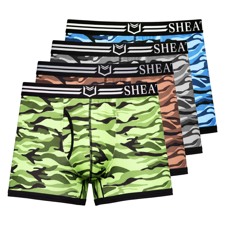 SHEATH 2.1 Polyester Camo Men's Dual Pouch Trunk 3 inch 4-Pack – men's camo trunk 4-pack