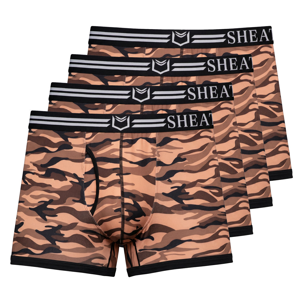 SHEATH 2.1 Polyester Camo Men's Dual Pouch Trunk 3 inch 4-Pack – men's camo trunk 4-pack