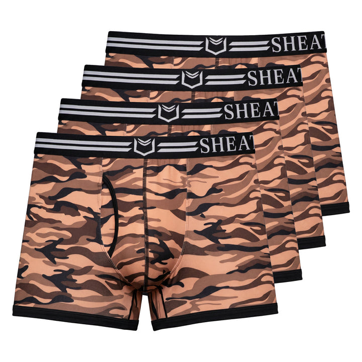 SHEATH 2.1 Polyester Camo Men's Dual Pouch Trunk 3 inch 4-Pack – men's camo trunk 4-pack