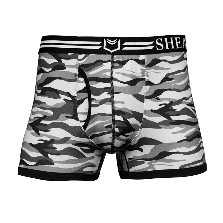 SHEATH 2.1 Polyester Camo Men's Dual Pouch Trunk 3 inch 4-Pack – men's camo trunk 4-pack