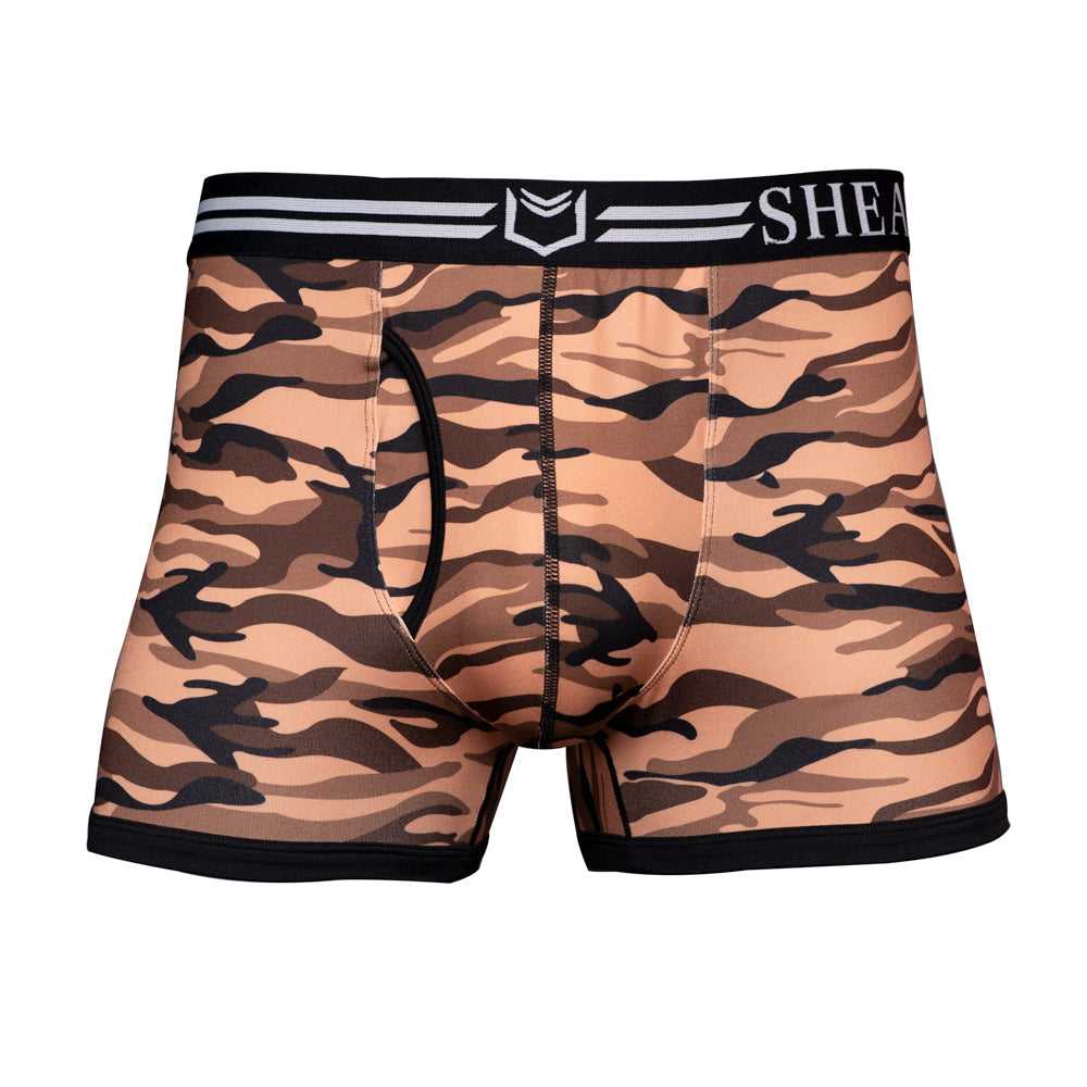 SHEATH 2.1 Polyester Camo Men's Dual Pouch Trunk 3 inch 4-Pack – men's camo trunk 4-pack