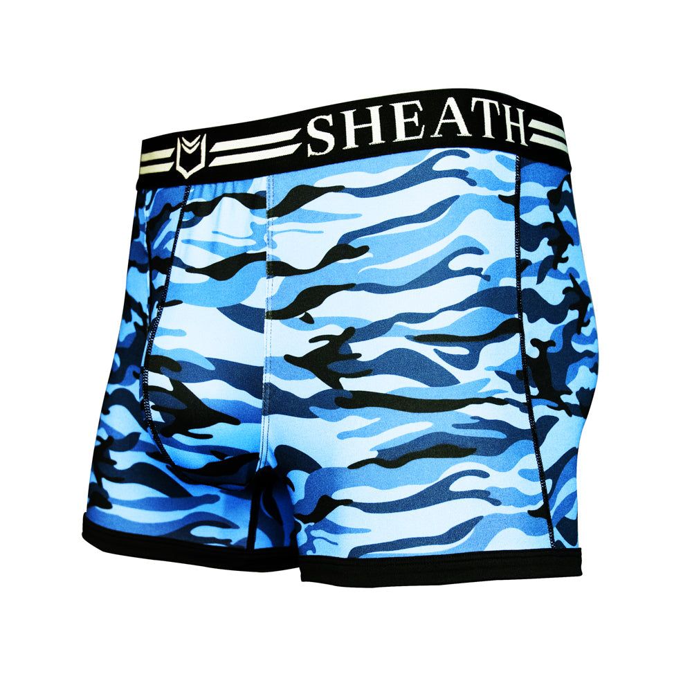 SHEATH 2.1 Polyester Camo Men's Dual Pouch Trunk 3 inch 4-Pack – men's camo trunk 4-pack
