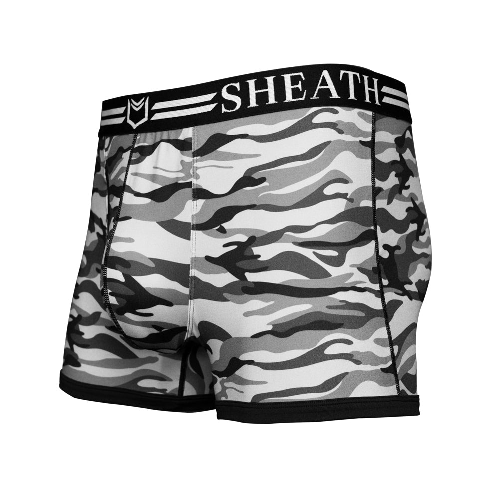 SHEATH 2.1 Polyester Camo Men's Dual Pouch Trunk 3 inch 4-Pack – men's camo trunk 4-pack