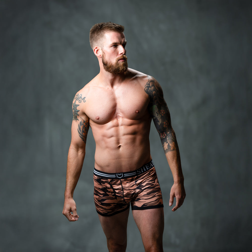 SHEATH 2.1 Polyester Camo Men's Dual Pouch Trunk 3 inch 4-Pack – men's camo trunk 4-pack