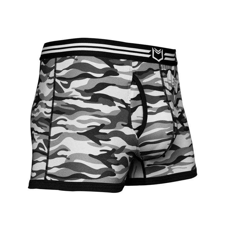 SHEATH 2.1 Polyester Camo Men's Dual Pouch Trunk 3 inch 4-Pack – men's camo trunk 4-pack