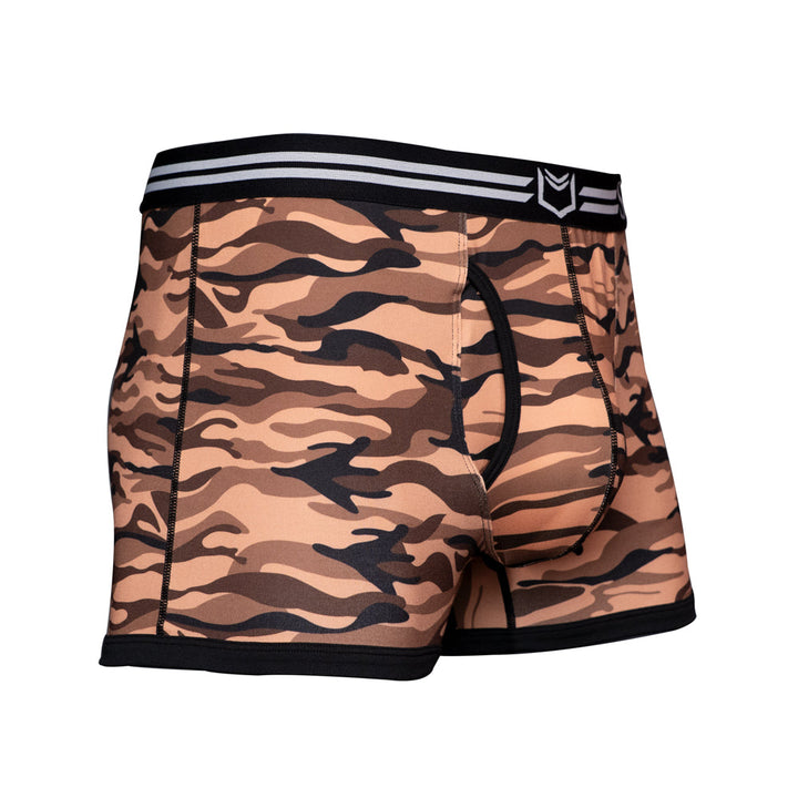 SHEATH 2.1 Polyester Camo Men's Dual Pouch Trunk 3 inch 4-Pack – men's camo trunk 4-pack