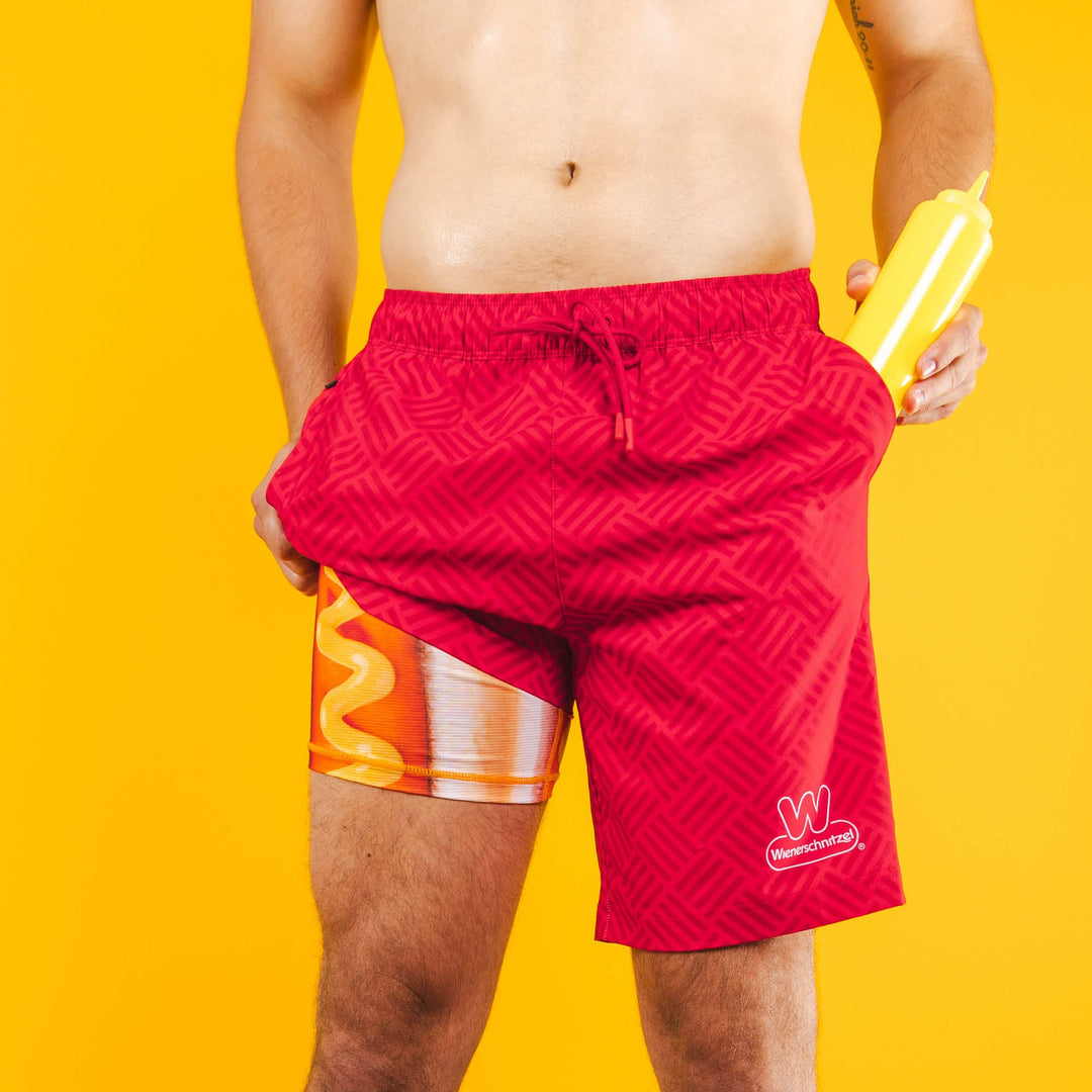 Shinesty The Hot Dogs Or Legs x Wienerschnitzel Ball Hammock 8 inch swim trunks – funny novelty
