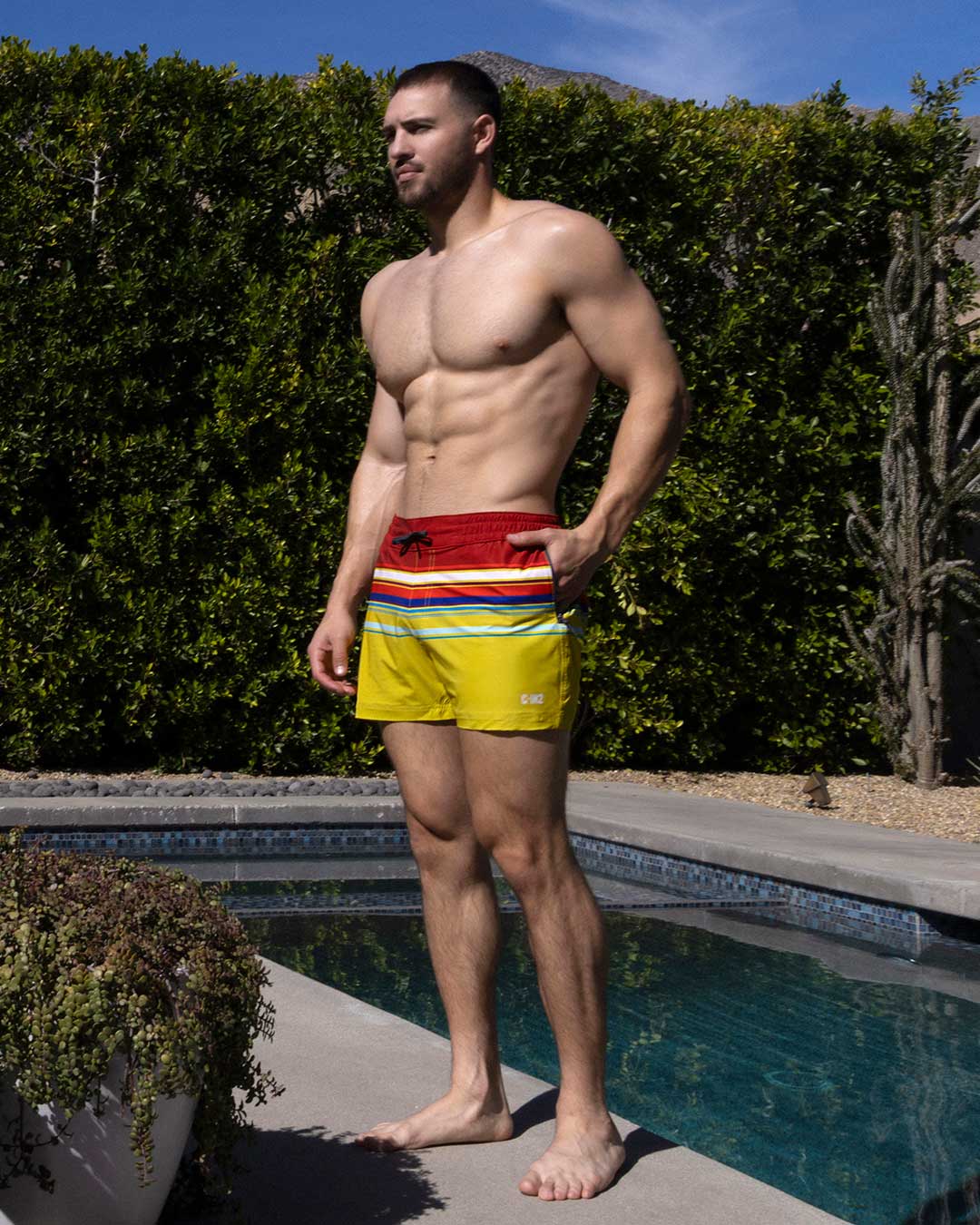 C-IN2 Poolside Swim Shorts in red yellow horizontal stripes – men's 3 inch striped swim shorts