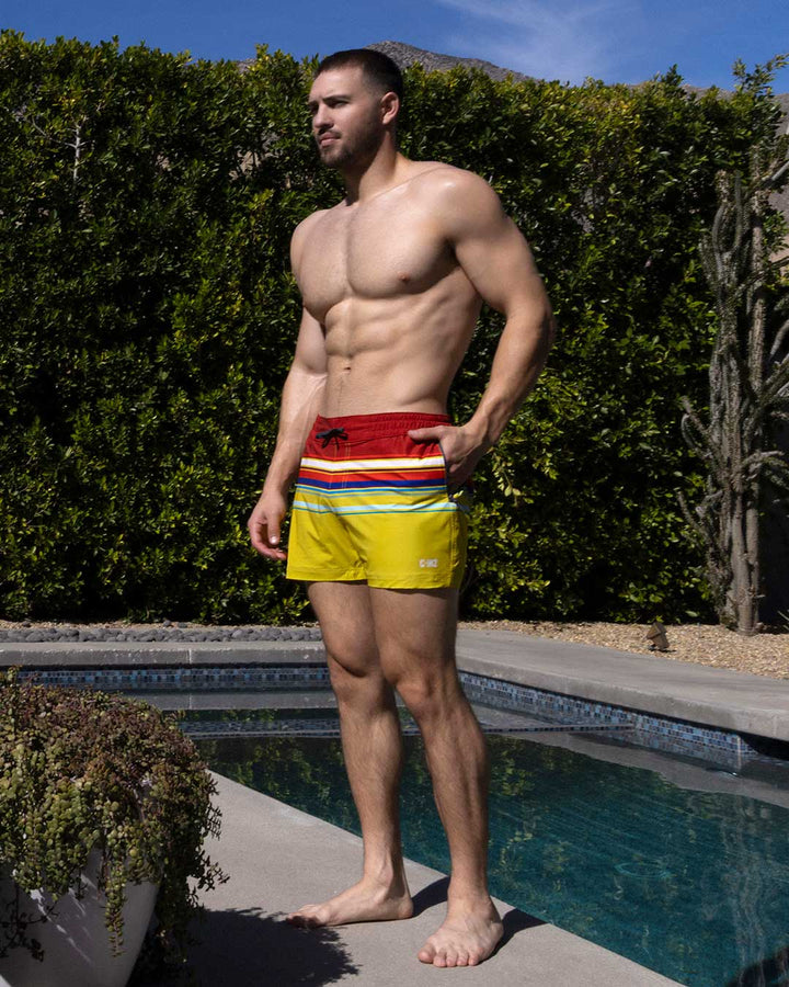 C-IN2 Poolside Swim Shorts in red yellow horizontal stripes – men's 3 inch striped swim shorts