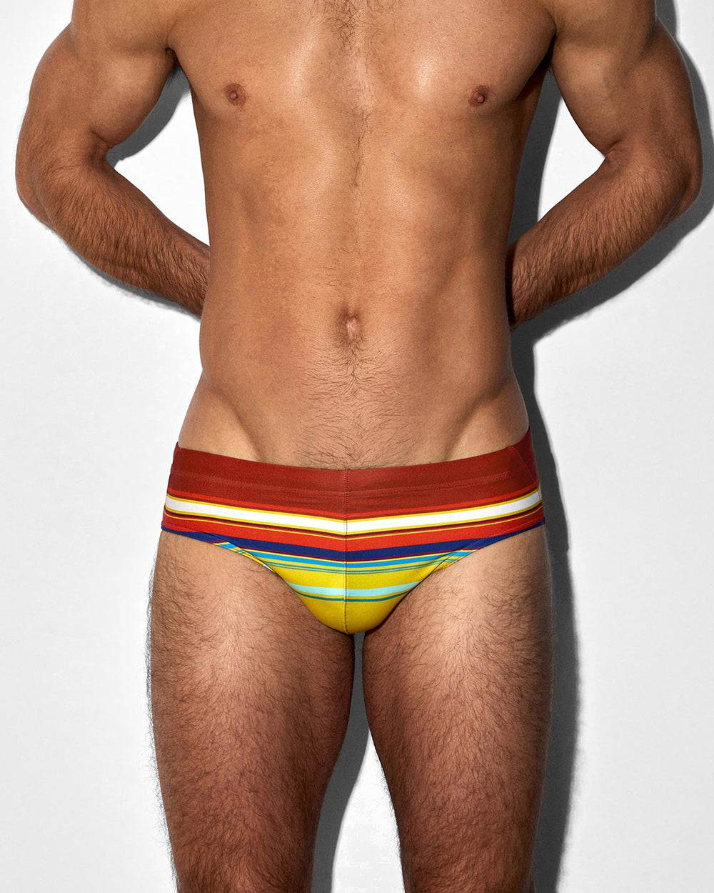 C-IN2 Swim Brief in red yellow horizontal stripes – men's low-rise striped swim brief