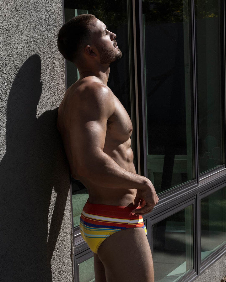 C-IN2 Swim Brief in red yellow horizontal stripes – men's low-rise striped swim brief