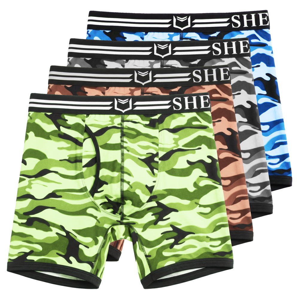 SHEATH 4.0 Polyester Camo Men's Dual Pouch Boxer Brief 5 inch 4-Pack – men's camo dual pouch boxer brief