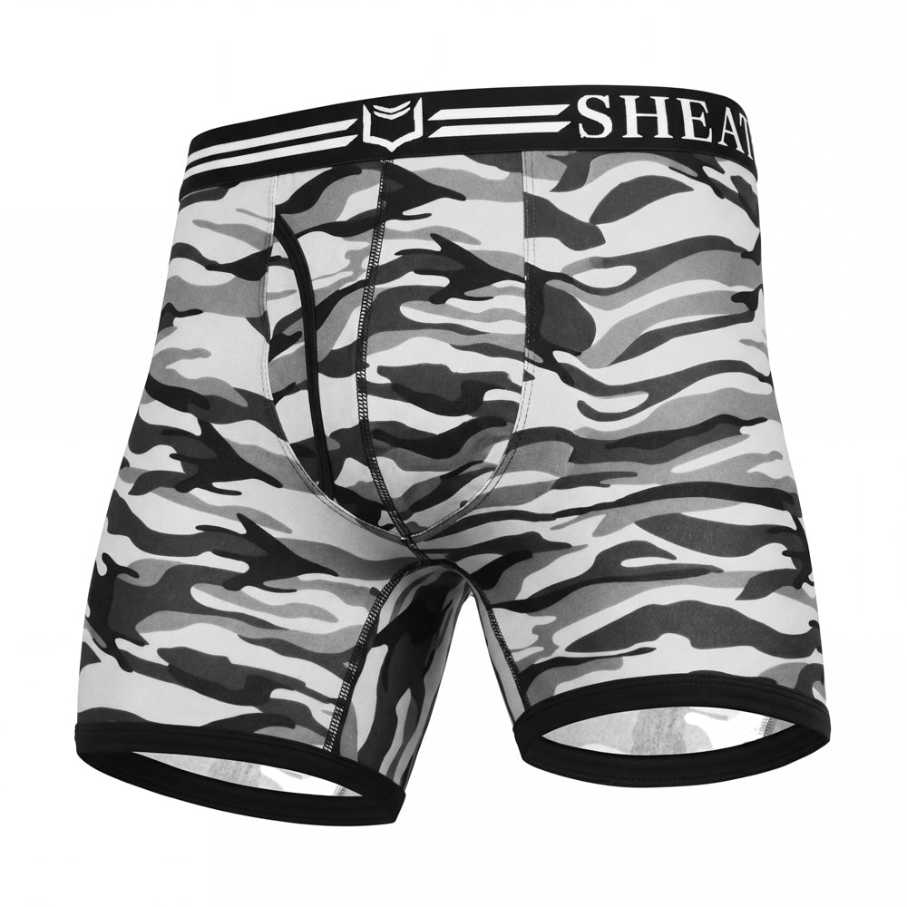 SHEATH 4.0 Polyester Camo Men's Dual Pouch Boxer Brief 5 inch 4-Pack – men's camo dual pouch boxer brief