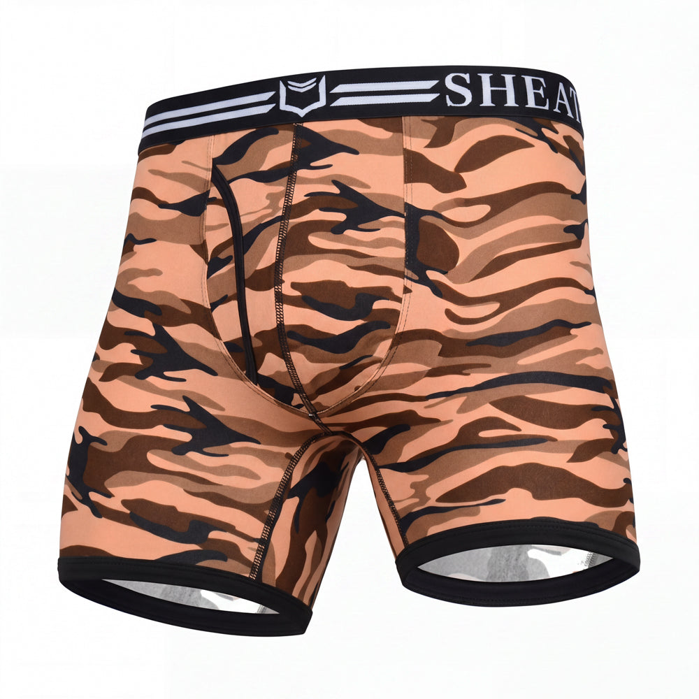SHEATH 4.0 Polyester Camo Men's Dual Pouch Boxer Brief 5 inch 4-Pack – men's camo dual pouch boxer brief