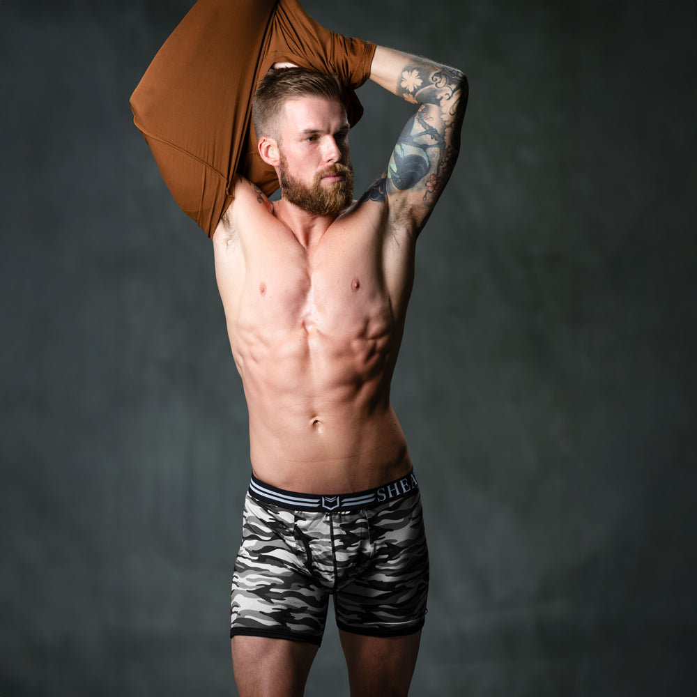 SHEATH 4.0 Polyester Camo Men's Dual Pouch Boxer Brief 5 inch 4-Pack – men's camo dual pouch boxer brief