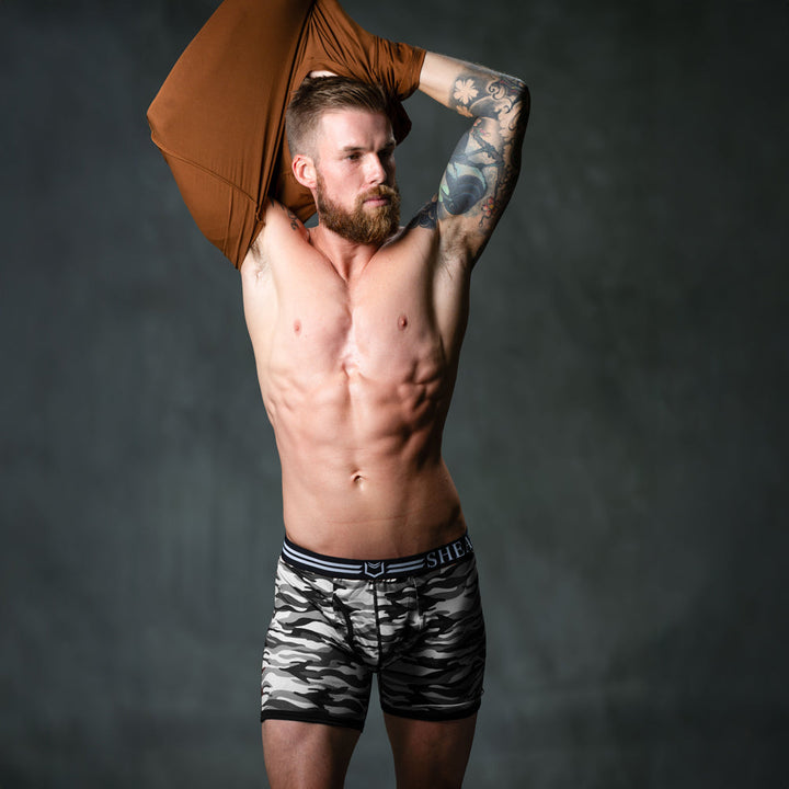 SHEATH 4.0 Polyester Camo Men's Dual Pouch Boxer Brief 5 inch 4-Pack – men's camo dual pouch boxer brief
