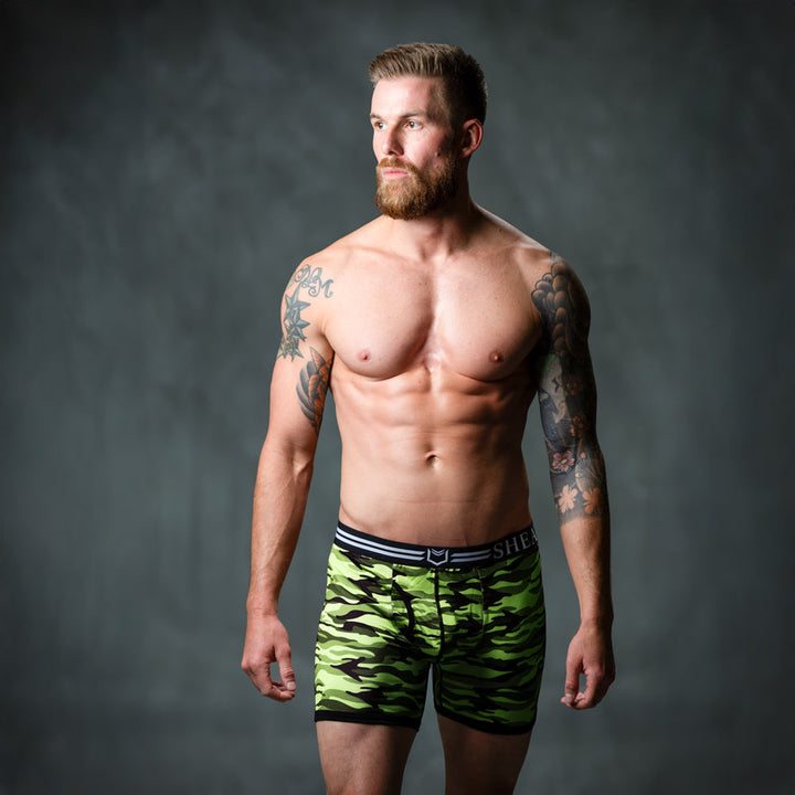 SHEATH 4.0 Polyester Camo Men's Dual Pouch Boxer Brief 5 inch 4-Pack – men's camo dual pouch boxer brief