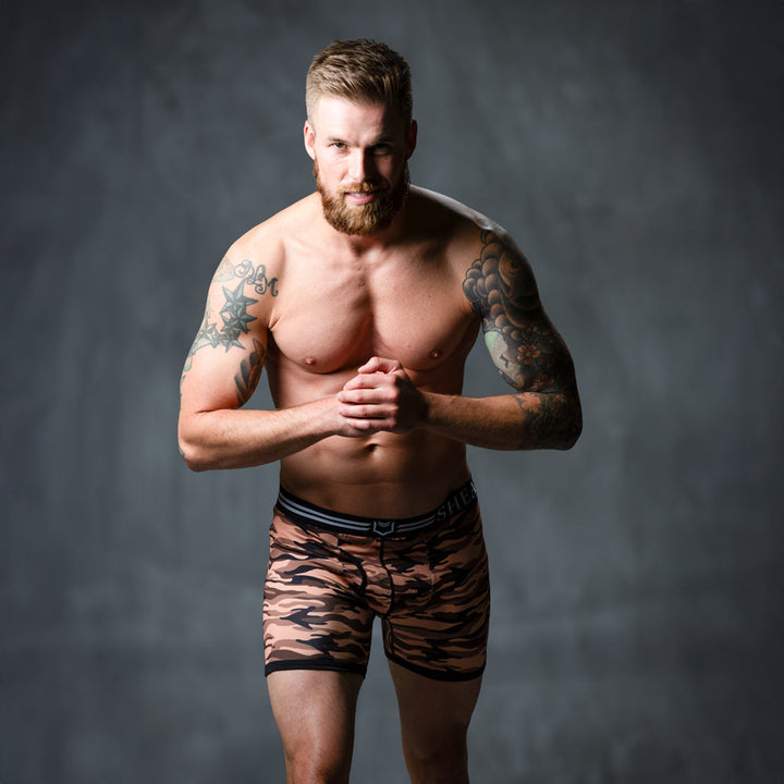 SHEATH 4.0 Polyester Camo Men's Dual Pouch Boxer Brief 5 inch 4-Pack – men's camo dual pouch boxer brief