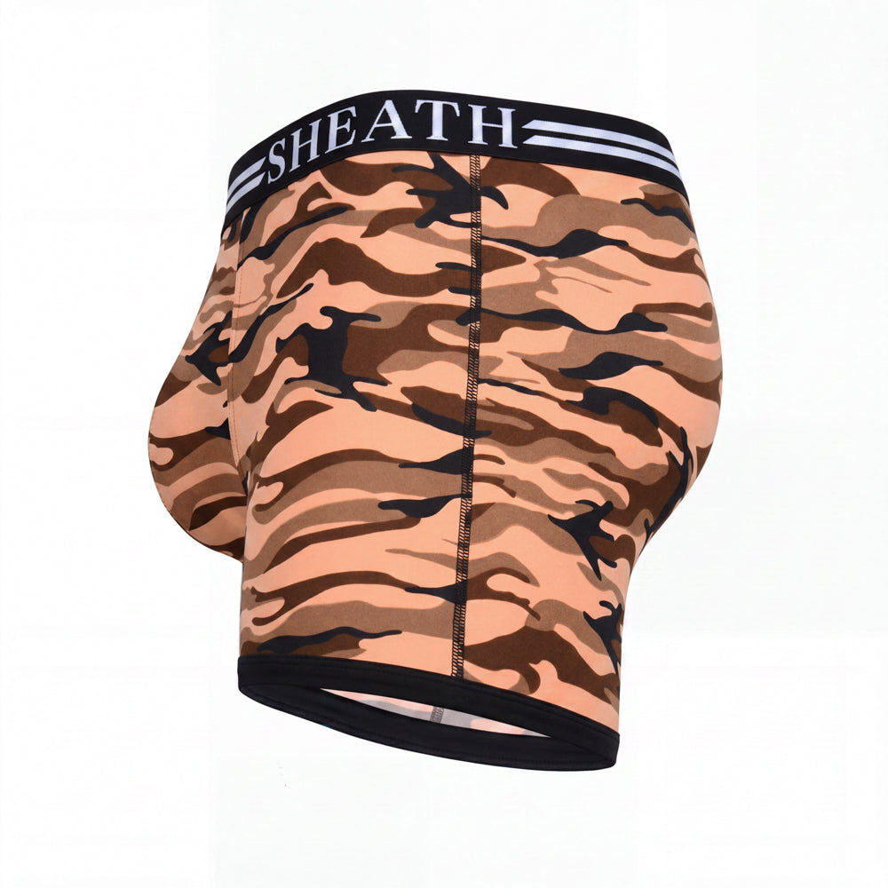 SHEATH 4.0 Polyester Camo Men's Dual Pouch Boxer Brief 5 inch 4-Pack – men's camo dual pouch boxer brief