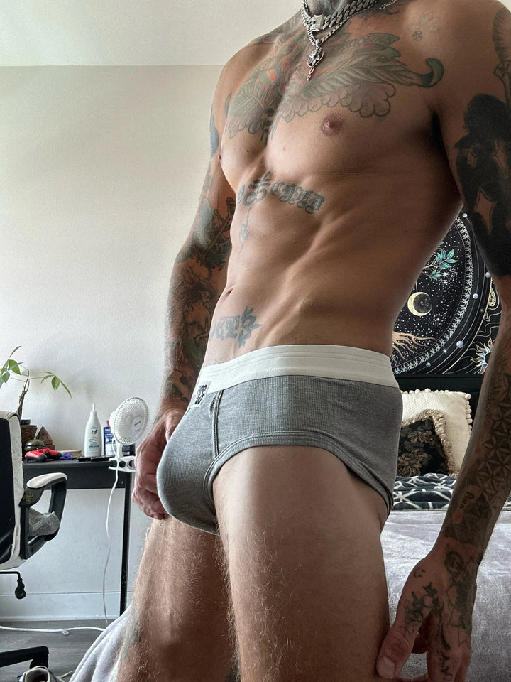 YYCG men's ribbed brief in gray – silky rayon stretch underwear front view