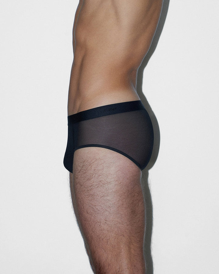 C-IN2 Sheer Fly Front Brief in black – men's sheer nylon mesh brief with functional fly front