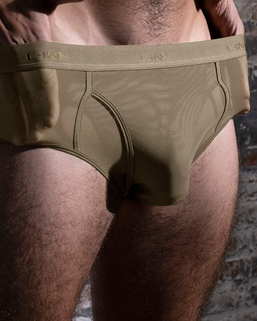 C-IN2 Sheer Fly Front Brief in dark nude – men's sheer nylon mesh brief with functional fly