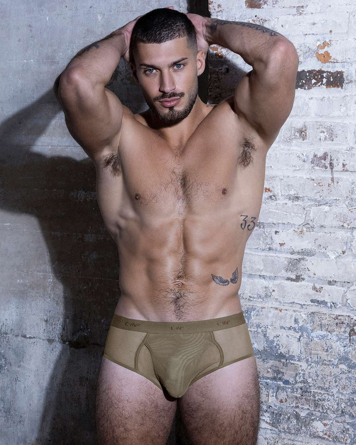 C-IN2 Sheer Fly Front Brief in dark nude – men's sheer nylon mesh brief with functional fly