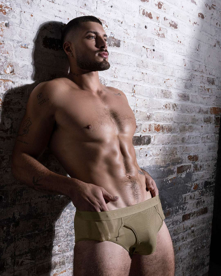 C-IN2 Sheer Fly Front Brief in dark nude – men's sheer nylon mesh brief with functional fly