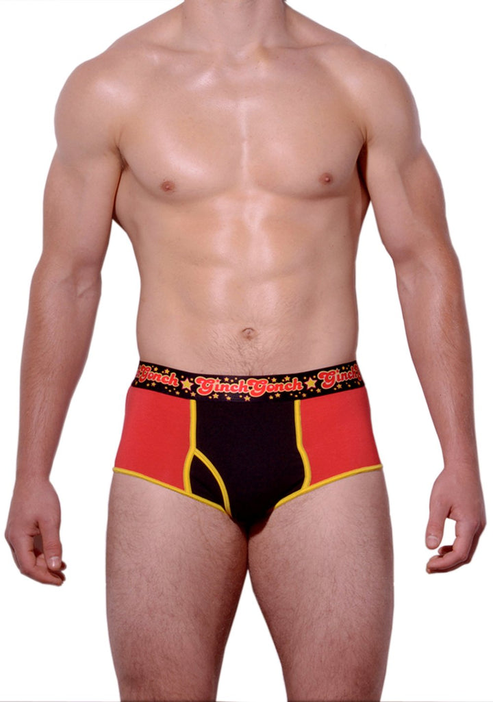 Atomic Fireballs Brief Men's Underwear Red and Black panels yellow trim printed waistband front