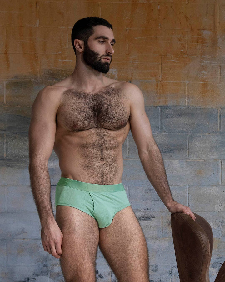 C-IN2 Flex Fly Front Brief in sage green – men's cotton-modal mesh brief with fly front