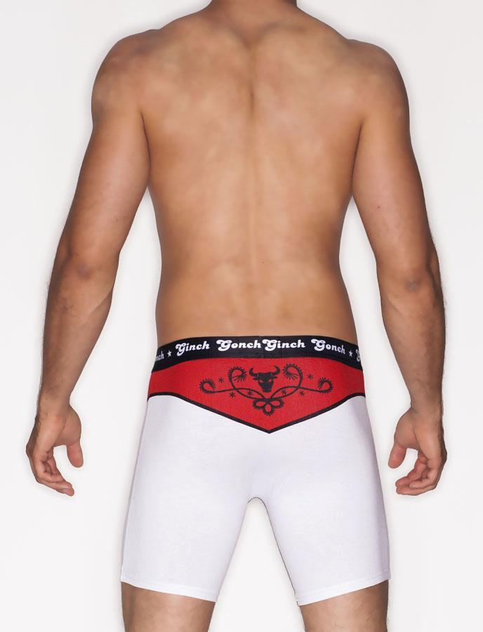 Ginch Gonch El Toro Men's trunk, boxer brief. Men's underwear, white with red accents bull  and western detail, black trim and printed waistband back