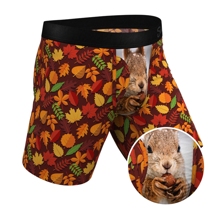 The Acorn Hoard: Men's Long Leg Boxer Briefs with Squirrel Print & Ball Hammock® Pouch and Fly